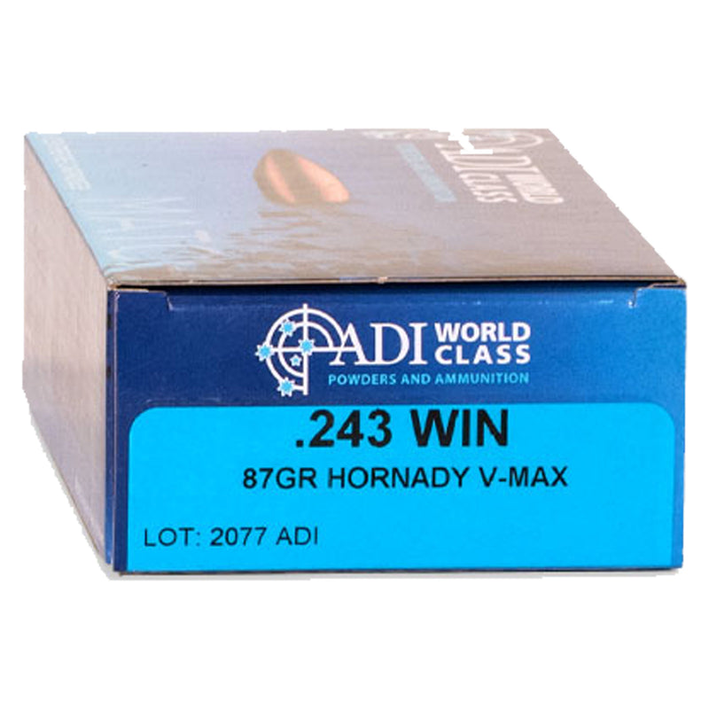 ADI .243 WIN 87gr Hornady V-Max Bullets plus BONUS ammo case