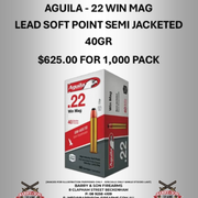 Advertisement for Aguila ammunition with a box and text on a gray background