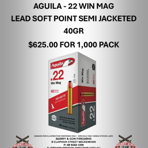 Advertisement for Aguila ammunition with a box and text on a gray background