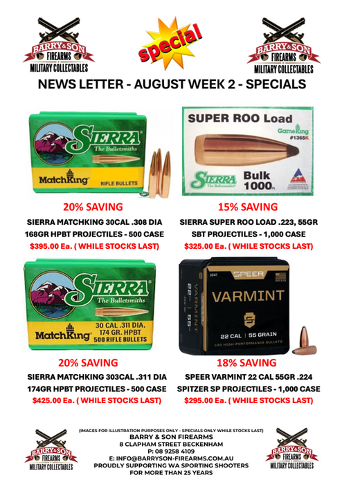 AUGUST 24 AMMUNITION SPECIALS - PROJECTILES ON SPECIAL - SIERRS & SPEER BULK PACKS