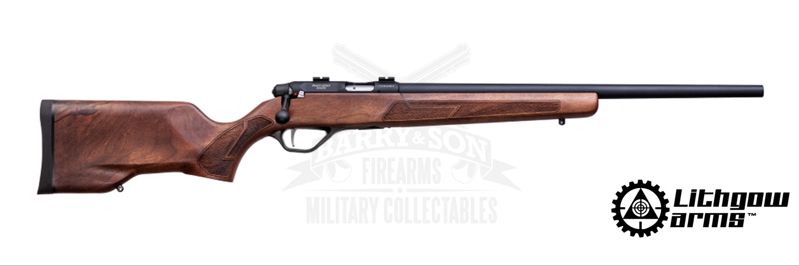 LITHGOW LA101, 17HMR WALNUT STOCK,  BLACK BARREL FINISH RIFLE